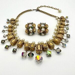 18K Gold Bespoke Pearl and Crystal Necklace Earring Set